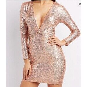 Rose Gold Sequin Dress Sz S Deep-v Plunge Mini Bodycon Cocktail Party Sparkle